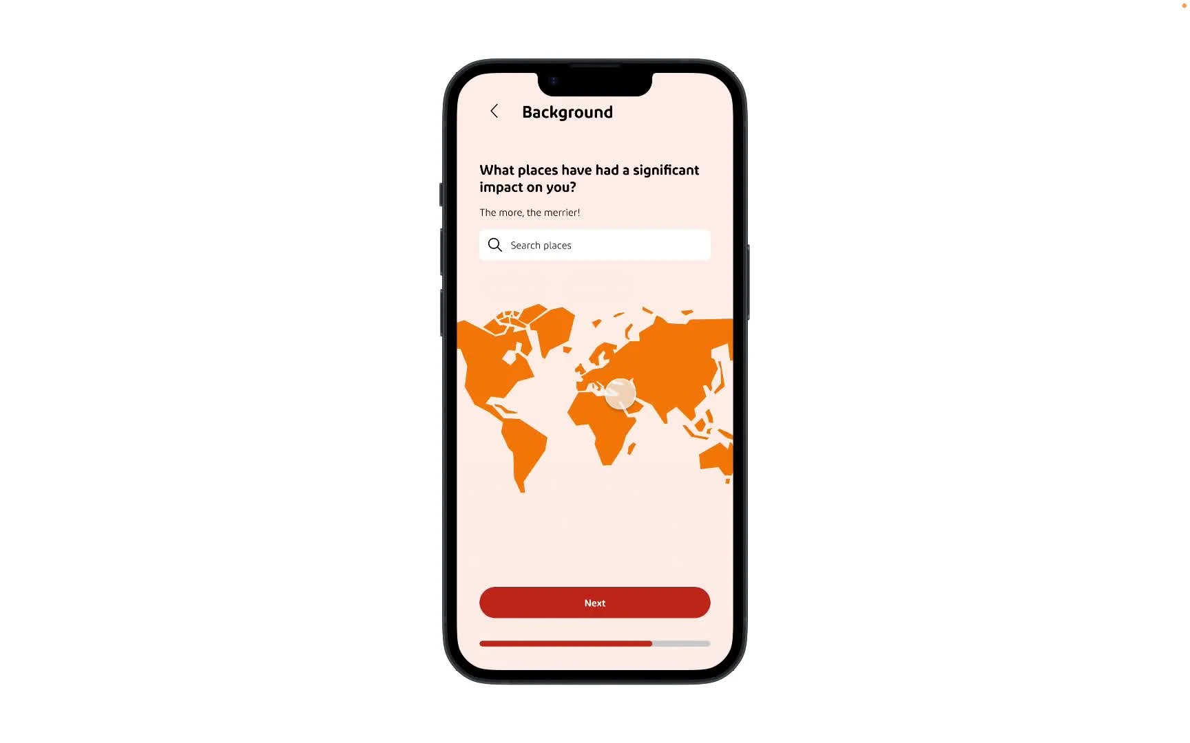 Onboarding screen asking what places have had a significant impact on you